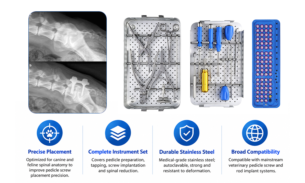 Veterinary Pedicle Instrumentation Set with surgical instruments for spinal fixation