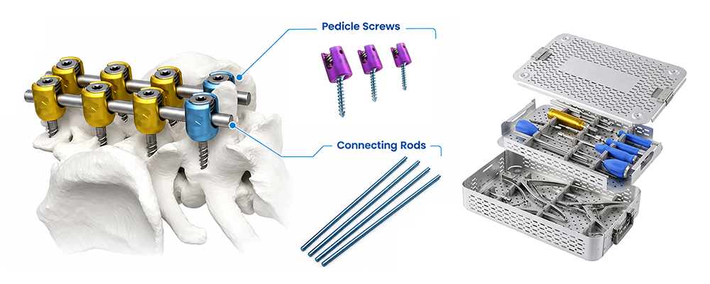 Veterinary Pedicle Instrumentation Set with surgical instruments for spinal fixation